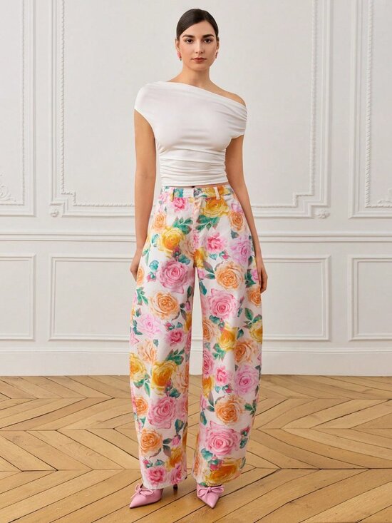 Nike Denim - White Boho Women's / Watercolor Colorful Floral Denim Print Flared Pants
